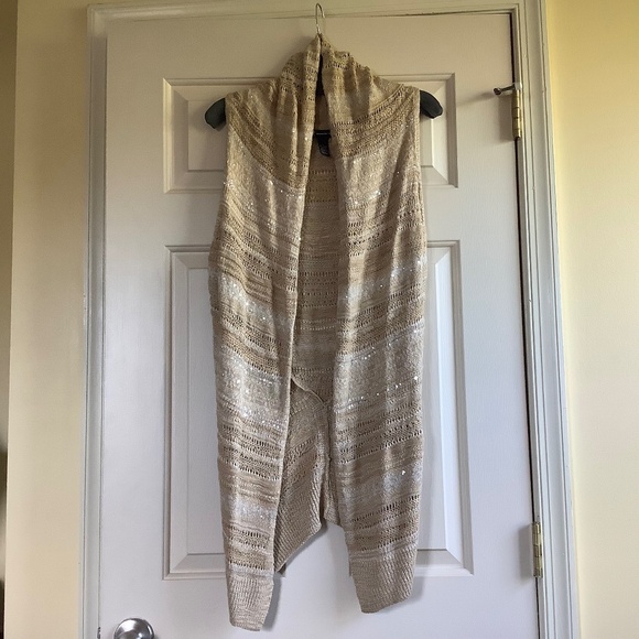 I.N.C Sequenced Pointelle Open Front Sleeveless Cardigan/Shrug Beige Gold SZ L - Picture 1 of 16